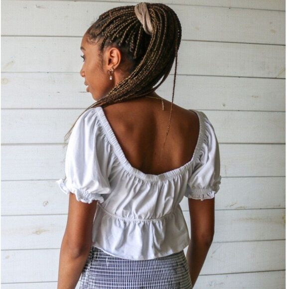 Shein Womens Sz Large White Puff Sleeve Peplum Tie Front Crop Top - Picture 2 of 9